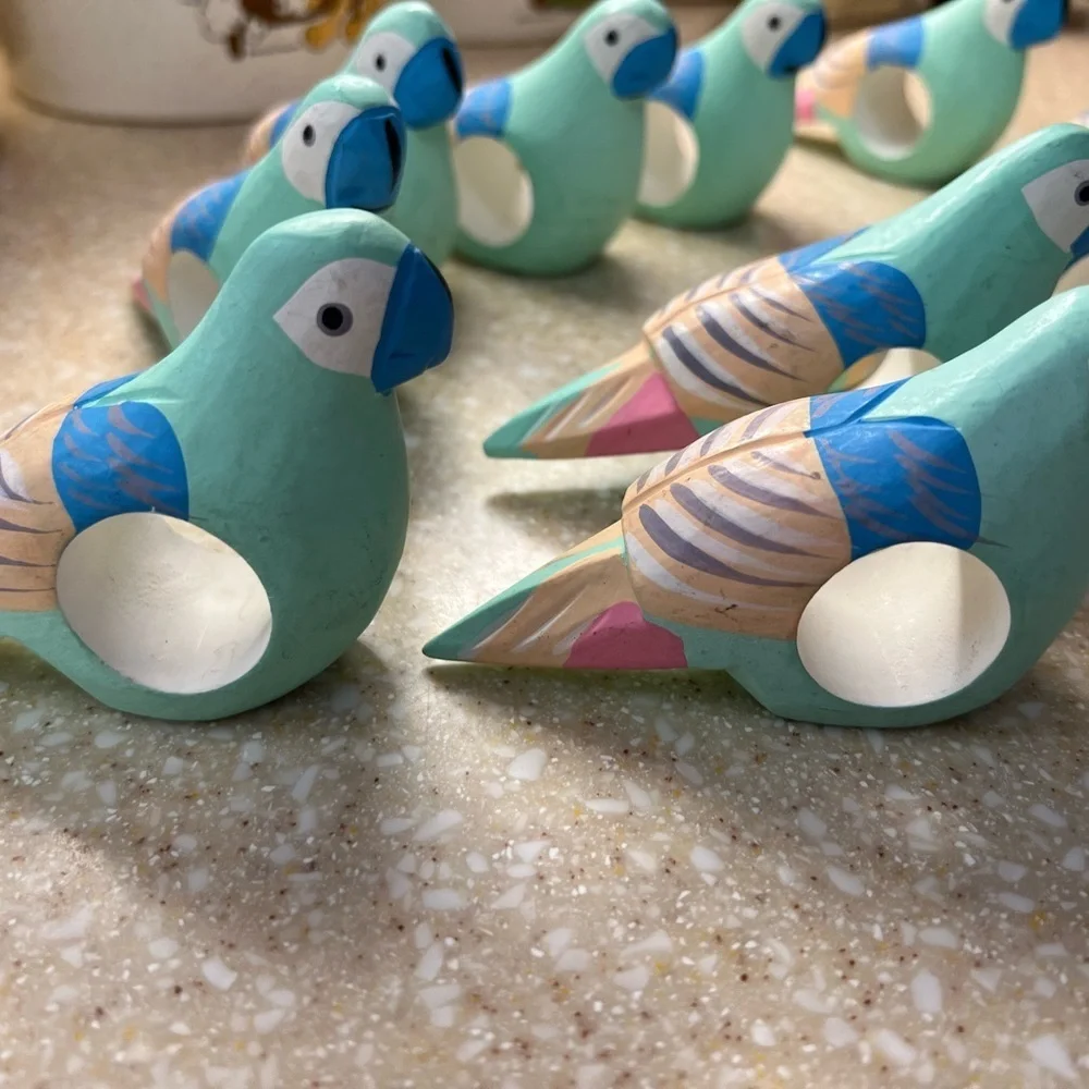 10 Parrot Napkin Ring Holders Wooden Teal, Pink and Blue Tropical